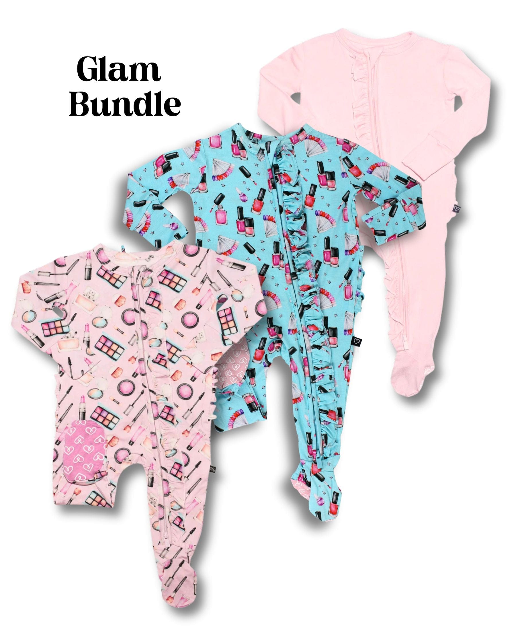 Baby Glam Bundle - Set of 3 - Avery Footie - Aurora Footie - Solid Rose Pink Footie