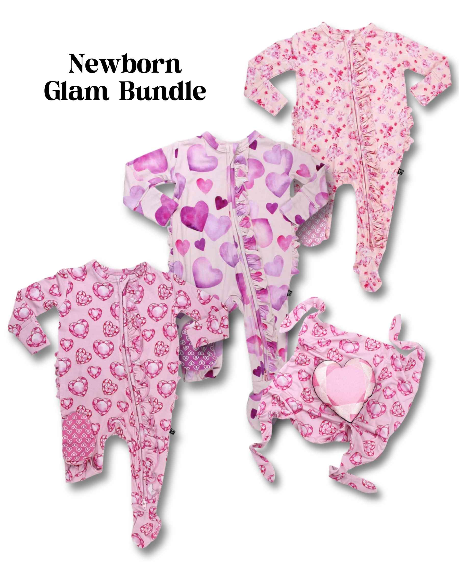 Baby Glam Bundle Set of 4- Jade Footie+ Eliana Footie +Maeve Footie+ Jade Toy Lovey