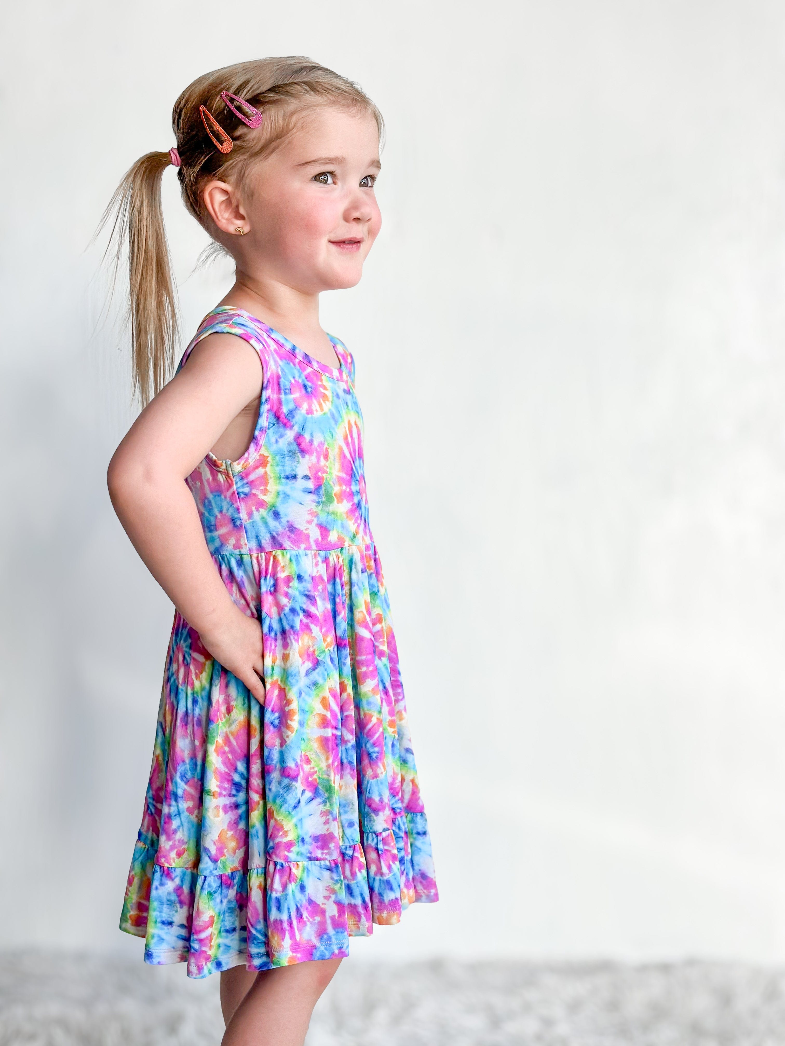 Rainbow Tie Dye Ruffled Twirl Dress